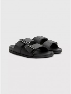 Tommy Hilfiger Adjustable Leather Strap Sandal Shoes Black | 3209-QBHWJ