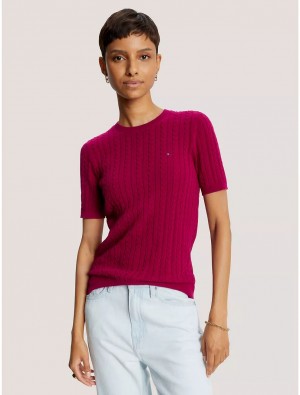 Tommy Hilfiger Cable Knit Short-Sleeve Sweater Sweaters Italian Wine | 4560-WIUTQ