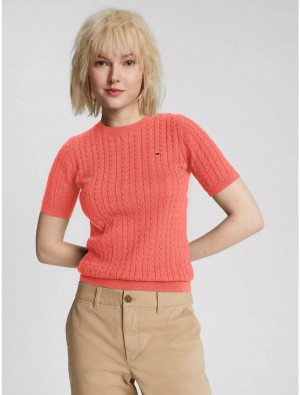 Tommy Hilfiger Cable Knit Short-Sleeve Sweater Sweaters Coral Blossom | 7029-KJSMO