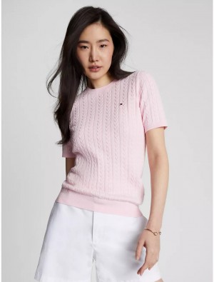 Tommy Hilfiger Cable Knit Short-Sleeve Sweater Sweaters Pastel Pink | 2314-TECDB