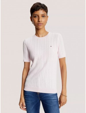 Tommy Hilfiger Cable Knit Short-Sleeve Sweater Sweaters Light Pink | 5316-SENZY