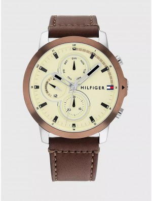 Tommy Hilfiger Casual Sub-Dials Watch with Brown Leather Strap Watches Parchment | 5109-DONEA