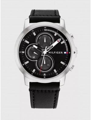 Tommy Hilfiger Casual Sub-Dials Watch with Black Leather Strap Watches Black | 6372-CVPBU