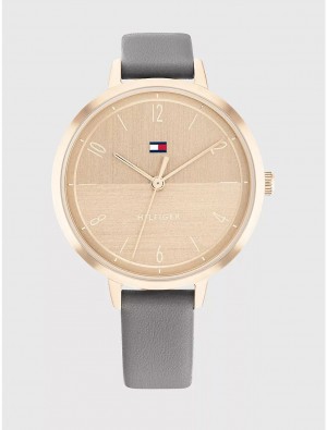 Tommy Hilfiger Casual Watch with Gray Leather Strap Watches Carnation Gold / Grey | 5173-RTLVA