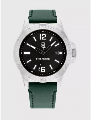 Tommy Hilfiger Casual Watch with Green Leather Strap Watches Black | 8504-YNFSW