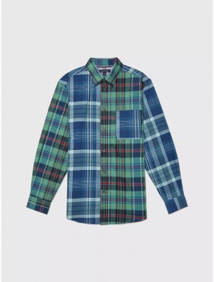 Tommy Hilfiger Classic Fit Pieced Plaid Shirt Tops Alfalfa Blue | 5942-NSJGU