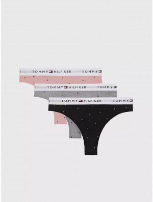 Tommy Hilfiger Cotton Classic Thong 3-Pack Panties Pink/Grey/Black Mini Flag | 9362-HMSQG