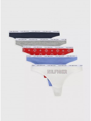 Tommy Hilfiger Cotton Thong 5-Pack Panties Hilfiger Deco Outline Bright White/Heather Grey/Bandana Print Ap | 9084-PBXQR