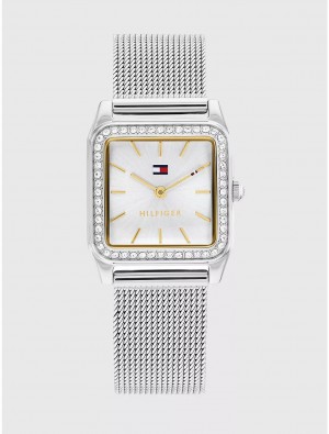 Tommy Hilfiger Dress Watch with Steel Mesh Bracelet Watches Silver White | 3842-PLIDB