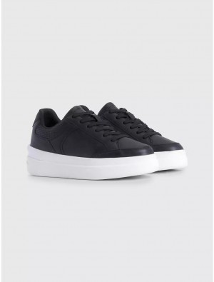 Tommy Hilfiger Embossed TH Logo Leather Sneaker Shoes Black | 4309-OCNDU