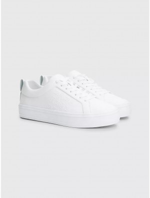 Tommy Hilfiger Embossed TH Logo Leather Sneaker Shoes White | 0367-FKXHC