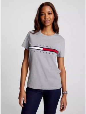 Tommy Hilfiger Embroidered Flag Stripe Logo T-Shirt T-Shirts & Polos Grey Heather | 4163-KWJUT