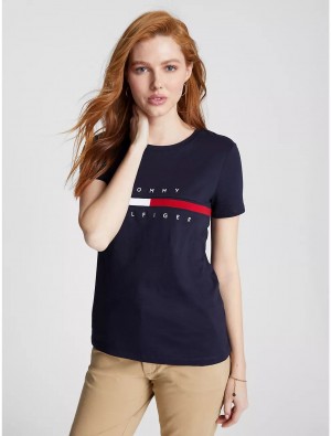 Tommy Hilfiger Embroidered Flag Stripe Logo T-Shirt T-Shirts & Polos Desert Sky | 6915-USLNP