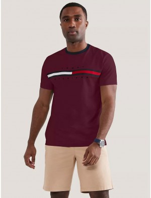 Tommy Hilfiger Embroidered Flag Stripe Logo T-Shirt T-Shirts Deep Rouge | 2601-YSFOB