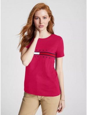 Tommy Hilfiger Embroidered Flag Stripe Logo T-Shirt T-Shirts & Polos Pink Splendor | 6049-VHIWM
