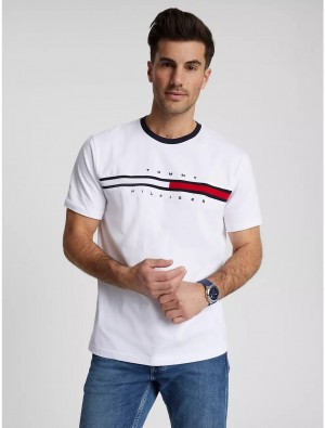 Tommy Hilfiger Embroidered Flag Stripe Logo T-Shirt T-Shirts Optic White | 8097-GPBDL