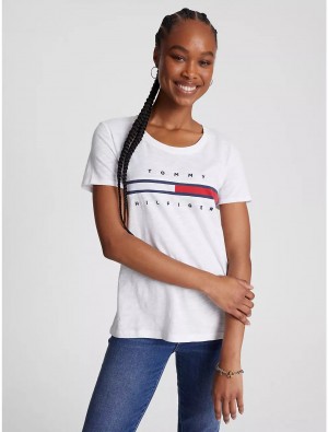 Tommy Hilfiger Embroidered Flag Stripe Logo T-Shirt T-Shirts & Polos Optic White | 7109-KTAGZ