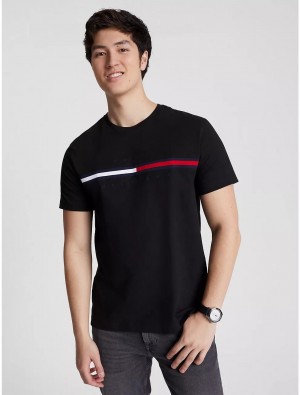 Tommy Hilfiger Embroidered Flag Stripe Logo T-Shirt T-Shirts Dark Sable | 3714-ESRBU