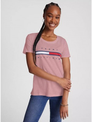 Tommy Hilfiger Embroidered Flag Stripe Logo T-Shirt T-Shirts & Polos Soothing Pink | 8526-NIFVZ