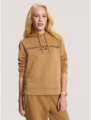 Tommy Hilfiger Embroidered Tommy Logo Hoodie Hoodies & Sweatshirts Pinecone Tan | 6271-HISXO