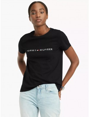 Tommy Hilfiger Embroidered Tommy Logo T-Shirt T-Shirts & Polos Deep Black | 0812-IPXGW