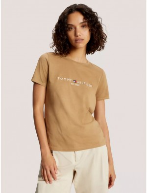 Tommy Hilfiger Embroidered Tommy Logo T-Shirt T-Shirts & Polos Pinecone Tan | 3617-OPHVM
