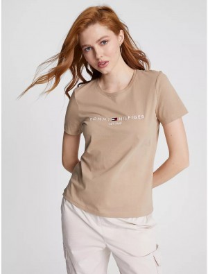 Tommy Hilfiger Embroidered Tommy Logo T-Shirt T-Shirts & Polos Khaki Sand | 0596-XHQCW
