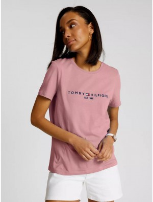 Tommy Hilfiger Embroidered Tommy Logo T-Shirt T-Shirts & Polos Soothing Pink | 5234-ZEYST