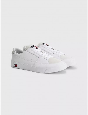 Tommy Hilfiger Flag Leather Sneaker Shoes White | 5693-OTYGP