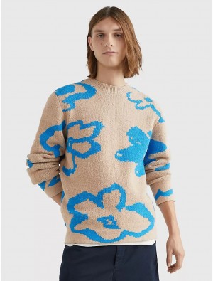 Tommy Hilfiger Floral Crewneck Sweater Sweaters Shocking Blue/Countryside Khaki | 8145-LBTGX