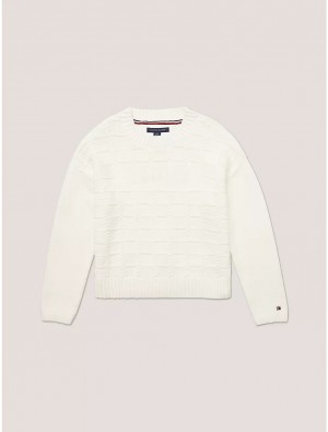 Tommy Hilfiger Kids' Check Cable Sweater Sweatshirts & Sweaters Ivory Petal | 3058-GHKVN