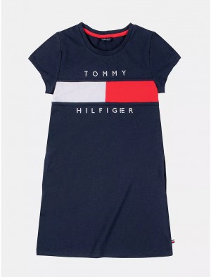 Tommy Hilfiger Kids' Flag Stripe Logo T-Shirt Dress Dresses & Skirts Navy Blazer | 9642-QHFGY