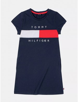 Tommy Hilfiger Kids' Flag Stripe Logo T-Shirt Dress Dresses & Skirts Navy Blazer | 0382-FUDGT