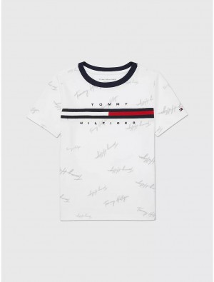 Tommy Hilfiger Kids' Signature Flag Stripe Logo T-Shirt T-Shirts Optic White | 3796-EDCSM