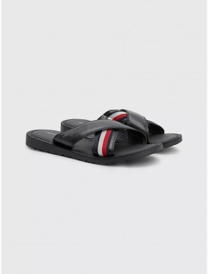 Tommy Hilfiger Leather Crisscross Sandal Shoes Black | 3897-RQCDJ