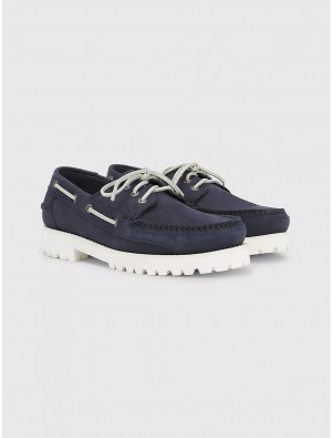 Tommy Hilfiger Leather Logo Boat Shoe Shoes Desert Sky | 5963-GEFHR