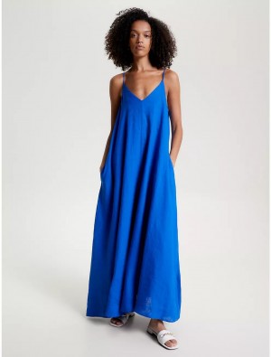 Tommy Hilfiger Linen Maxi Dress Dresses & Skirts Ultra Blue | 0596-NVXIW