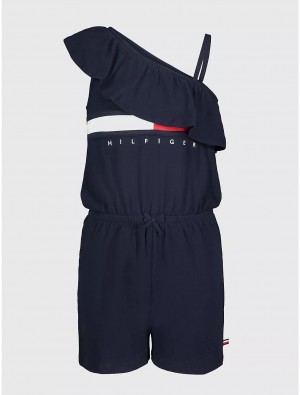 Tommy Hilfiger Little Kids' One-Shoulder Flag Stripe Logo Romper Dresses & Skirts Navy Blazer | 8371-TKMNR