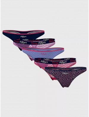 Tommy Hilfiger Logo Mix Thong 5-Pack Panties Scatt Heart/Wildfl/Pink/Lilac/D Sky | 9430-AJKNS