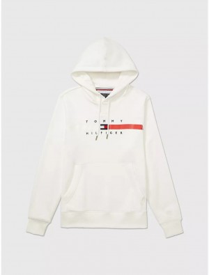 Tommy Hilfiger Logo Stripe Hoodie Tops Fresh White | 1298-UHWNF