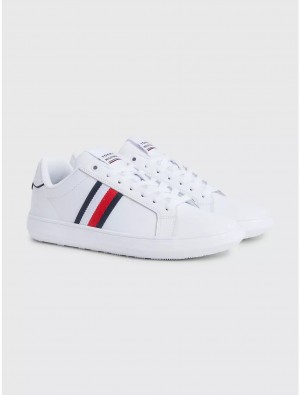 Tommy Hilfiger Logo Stripe Leather Sneaker Shoes White | 0176-XVZGO