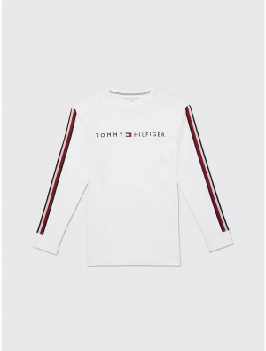 Tommy Hilfiger Logo Stripe Long-Sleeve T-Shirt Tops Optic White | 7430-GPIOZ