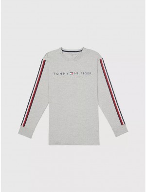 Tommy Hilfiger Logo Stripe Long-Sleeve T-Shirt Tops Grey Heather | 6320-VFYPB