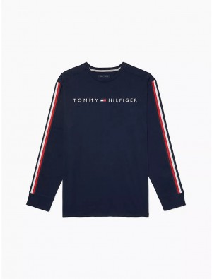 Tommy Hilfiger Logo Stripe Long-Sleeve T-Shirt Tops Navy Blazer | 2731-BCDVH