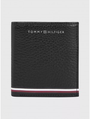 Tommy Hilfiger Logo Stripe Pebbled Trifold Wallet Wallets Black | 7253-SVLKJ