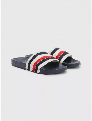 Tommy Hilfiger Logo Stripe Pool Slide Shoes Space Blue | 3945-NWMQX