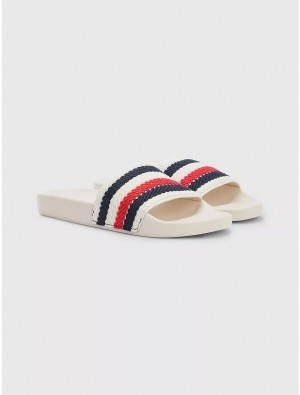 Tommy Hilfiger Logo Stripe Pool Slide Shoes Feather White | 8350-DMBFV