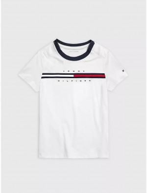 Tommy Hilfiger Logo Stripe T-Shirt Tops Optic White | 4628-VCIEA