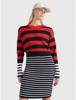 Tommy Hilfiger Mix Stripe Sweater Dress Dresses & Skirts Striped Ecru / Desert Sky/ Fireworks | 5764-KNFOP