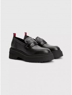 Tommy Hilfiger Platform Leather Loafer Shoes Black | 3720-XNQPT